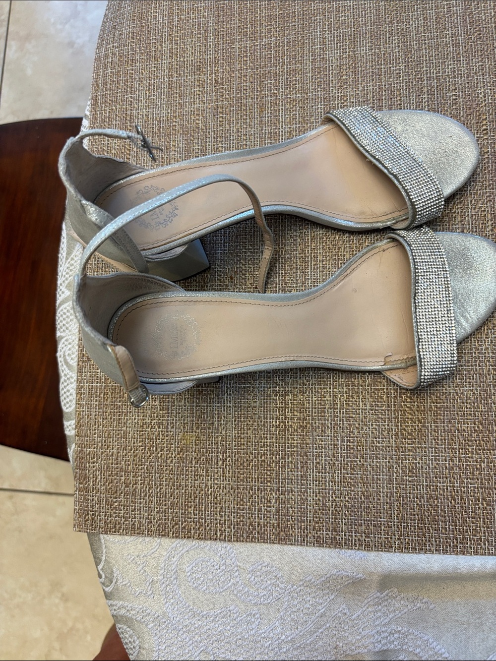 Silver Rhinestone Ankle-Strap Block Heel Sandals
